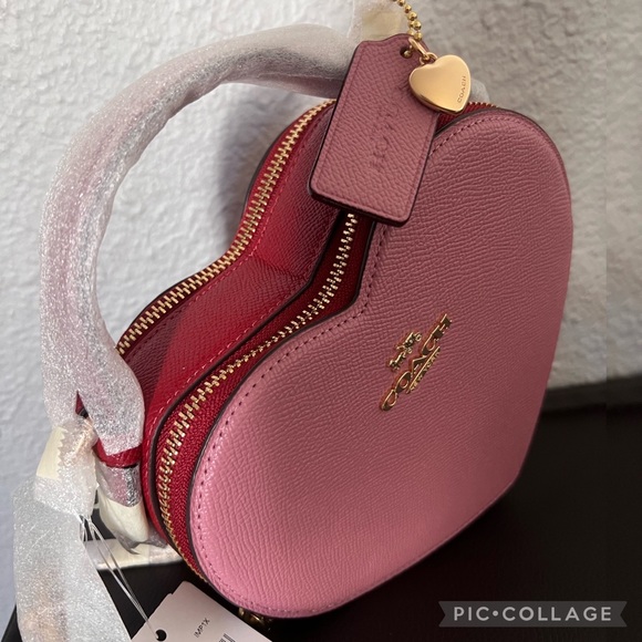 NWT COACH HEART CROSSBODY IN COLORBLOCK  LEATHER TOP HANDLE GOLD/TRUE PINK - Picture 14 of 14